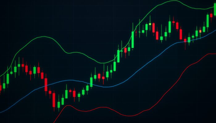 Cryptocurrency chart featuring Bollinger Bands: blue moving average and green/red volatility bands illustrating price fluctuations.