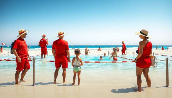 Beach scene featuring lifeguards in red uniforms monitoring swimmers in designated areas, families wearing hats and sunglasses under bright sun.