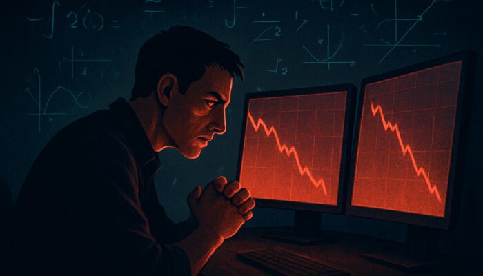 Focused crypto trader examining declining stock charts and red drawdown graphs while contemplating complex formulas.