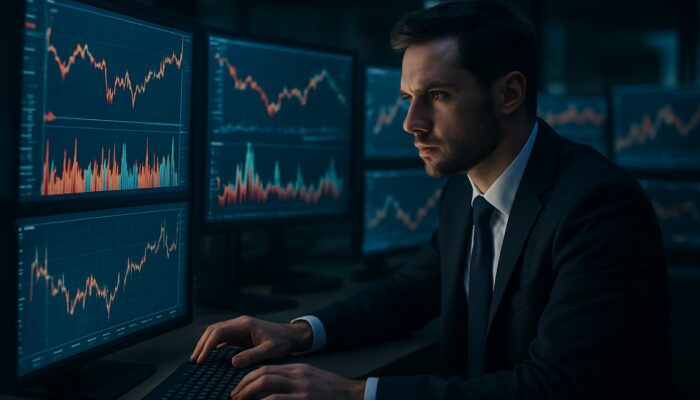 Dedicated trader analysing real-time drawdown charts and stock graphs on brightly lit screens.