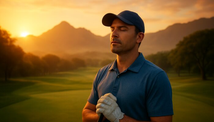 Golfer visualising on Sun City's lush course, eyes closed, deep breathing amid misty mountains and golden sunset.