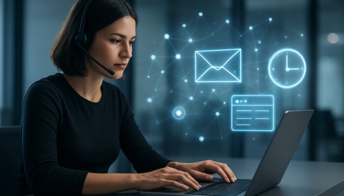 Virtual assistant coordinating guest posting emails at a digital desk with holographic networks.