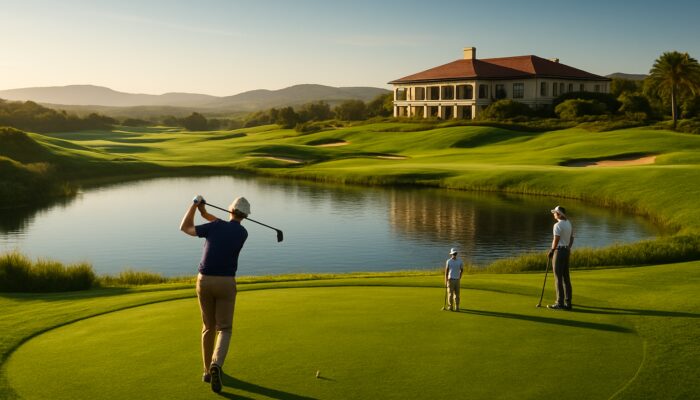 Beautiful Oubaai Golf Club course showcasing pristine greens, sparkling hazards, players teeing off, and an impressive clubhouse.
