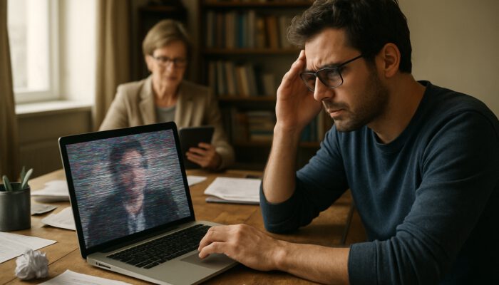 Remote writer faces challenges with a glitchy video call in a cluttered office while a supervisor reviews documents on a tablet.