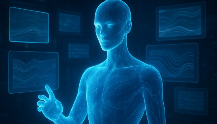 Futuristic AI hologram adapting to writing styles, surrounded by floating digital screens.