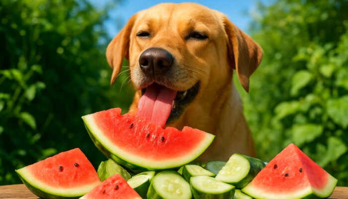 Joyful dog enjoying watermelon and cucumber in a sunny summer garden.
