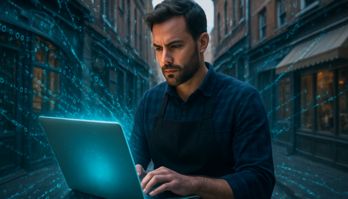 Determined Bridgwater business owner adapting SEO strategies amid swirling digital code and competing storefronts.