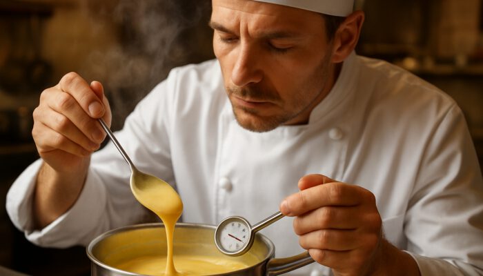 Chef stirring golden custard in saucepan, monitoring thermometer at 82°C as steam rises.