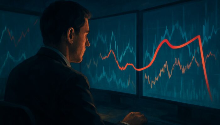 Dedicated trader analysing stock charts in a dimly lit room with a protective trailing red line.