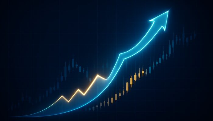 Dynamic stock chart illustrating a glowing trailing stop loss that rises with rising prices and locks during declines.