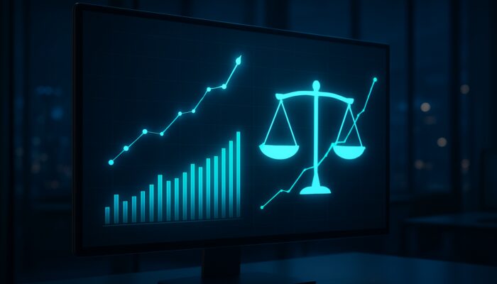 Sleek financial dashboard displaying the Calmar Ratio, rising stocks, and a balance of risk and return in a contemporary office.