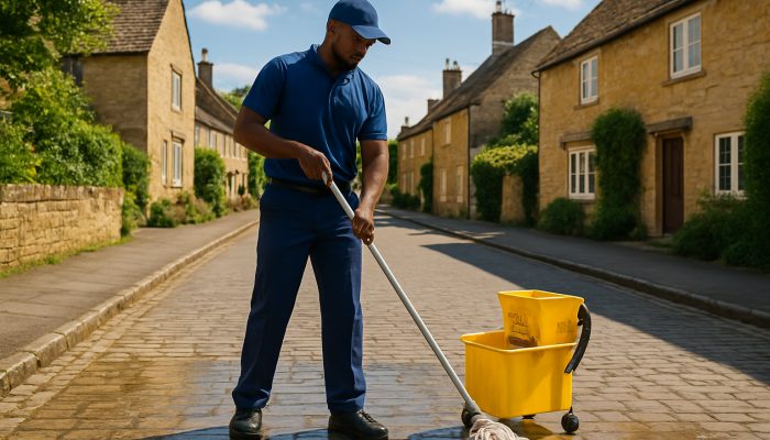 Professional janitor in uniform mopping Lower Odcombe street, surrounded by clean surfaces under sunny sky.