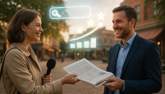 Journalist hands over a newspaper to an enthusiastic business owner in a town square, surrounded by glowing SEO icons
