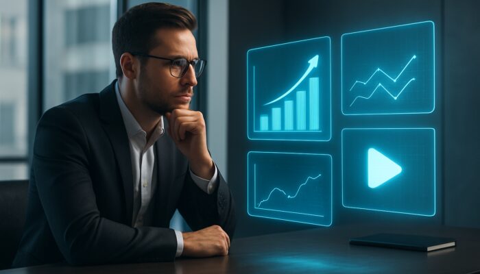 Marketer reviewing glowing holographic competitor media charts with strategic arrows in a contemporary office setting