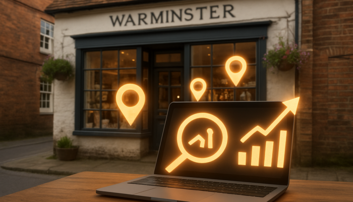 Historic Warminster storefront decorated with SEO icons, location pins, and rising rankings on a laptop.