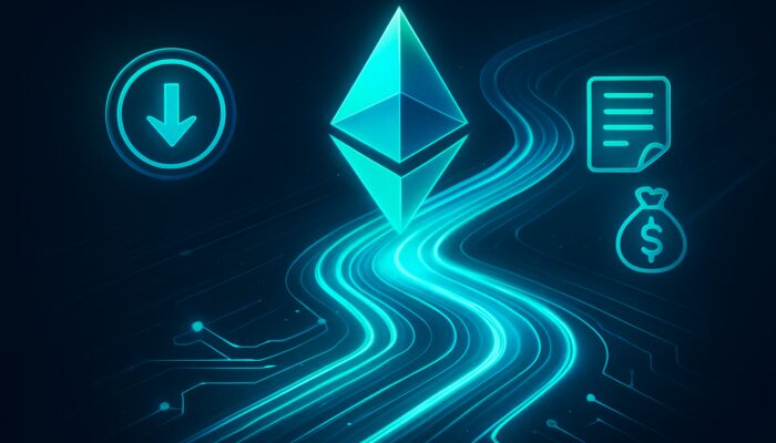 Neon blue-green graphic illustrating falling Ethereum gas fees through optimised glowing blockchain pathways.