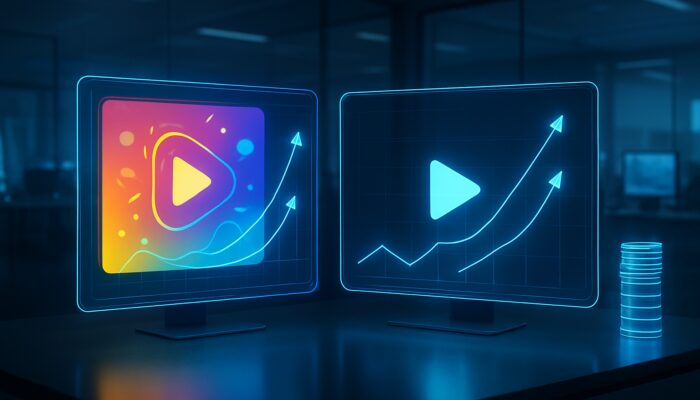 Holographic split-screen showcasing dynamic and minimalist video ads alongside performance graphs for A/B testing optimisation.