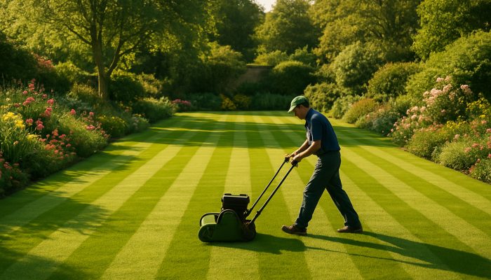 Gardener carefully mowing a perfectly striped lush lawn in a peaceful Yeovil garden with blooming flowers.