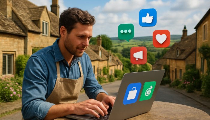 Small business owner in South Petherton using a laptop for targeted digital ads with social media icons