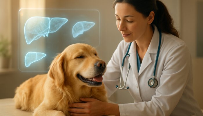Veterinarian examining a relaxed golden retriever with holographic liver scans in a sunlit clinic illustration