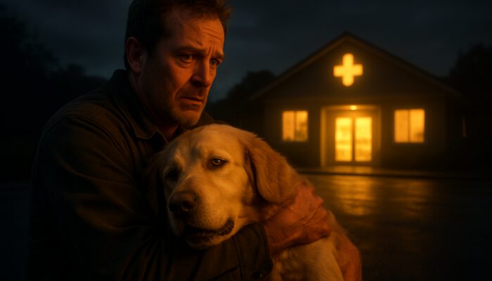 Owner urgently taking a lethargic golden retriever with jaundice to a veterinary clinic at dusk