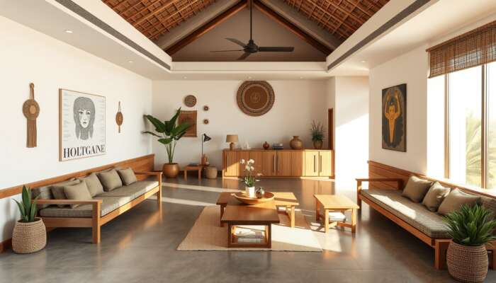 Modern boutique hotel lobby featuring minimalist design, sustainable wooden furnishings, indigenous crafts, and local artwork highlighted by natural light.