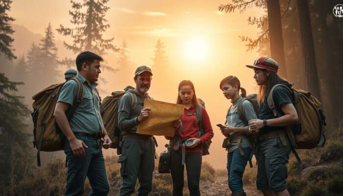 Group of first-time explorers at the edge of a misty forest, consulting a map and compass, equipped with backpacks and safety gear under the golden light of dawn.