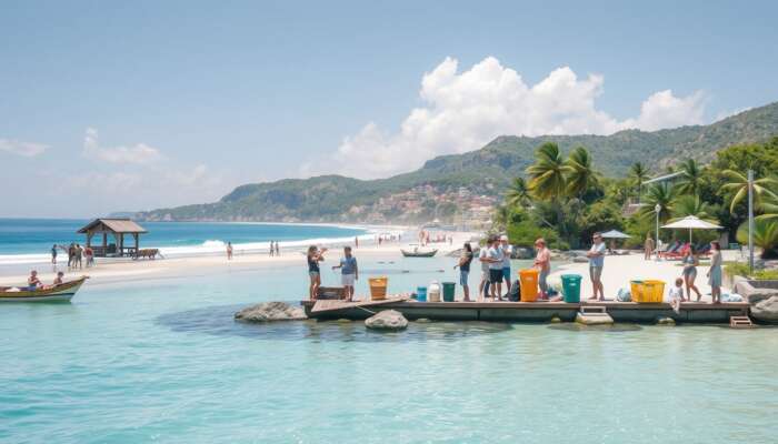 Tourists sorting waste into eco-friendly bins, observing wildlife from a distance, and using renewable energy amid pristine coastal beaches and clear blue waters.