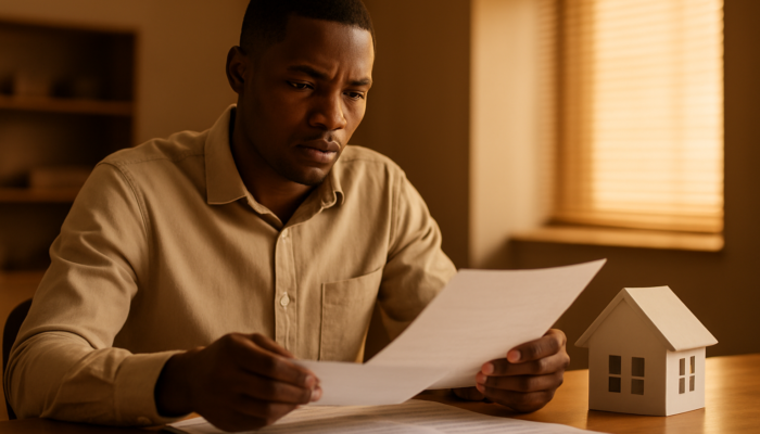Focused South African applicant reviewing payslips and contracts for home loan approval in bank.