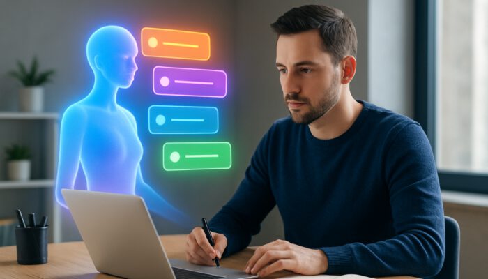 Holographic virtual assistant projecting vibrant, prioritised task notifications around focused user in modern workspace.