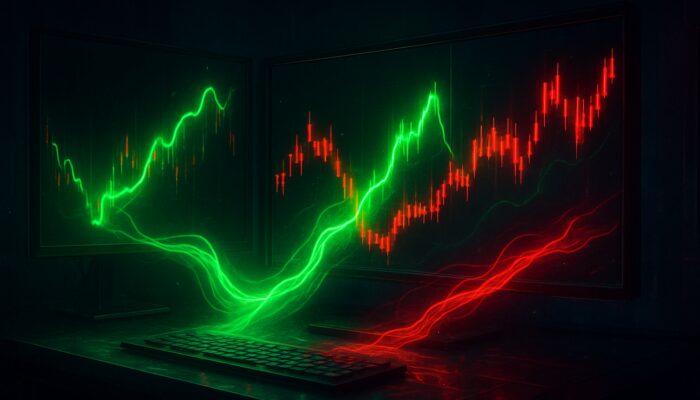 Futuristic trading desk featuring holographic Chaikin Money Flow charts, green inflows, and red candlesticks