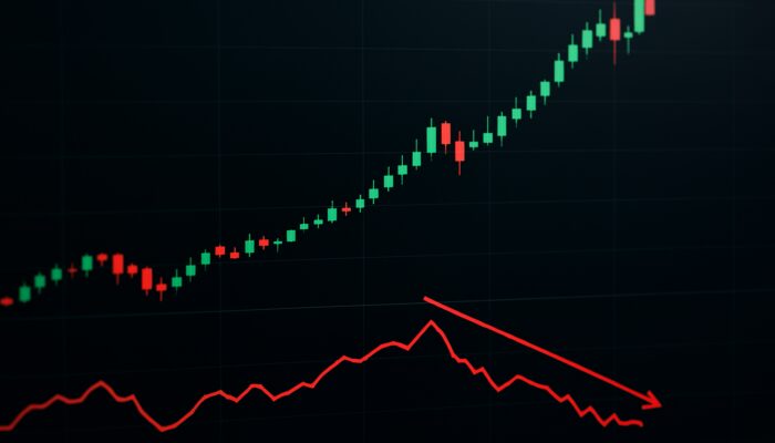 Trading chart featuring surging candlesticks at new highs, with diverging downward Chaikin Money Flow and red trendlines indicating a reversal.