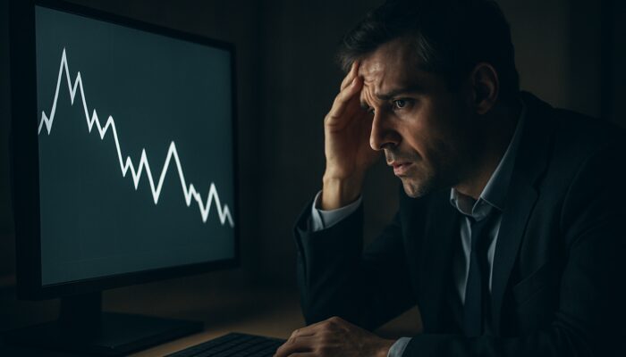 An anxious trader observing a fluctuating chart with false breakouts and whipsaws in a dimly lit environment