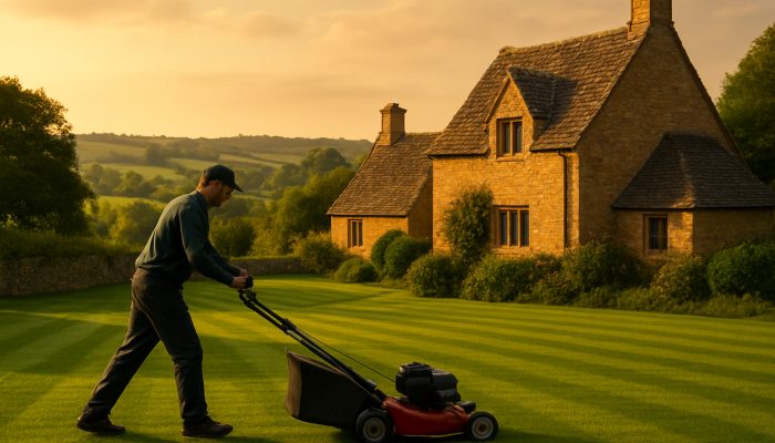 Gardener mowing pristine lawns beside stone cottages in the Haselbury Plucknett countryside