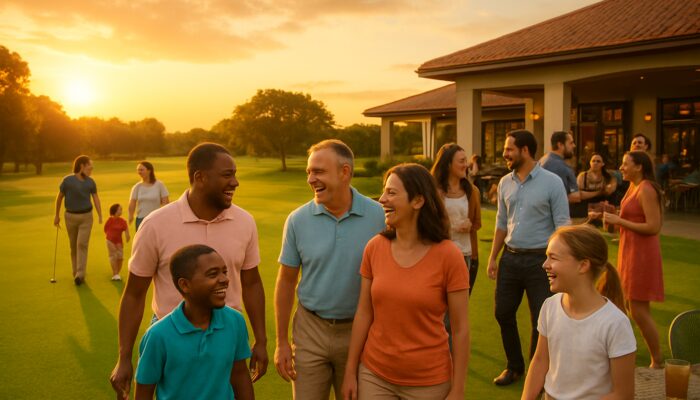 Diverse families and juniors enjoying laughter on lush Witbank Golf Club fairways at golden sunset.