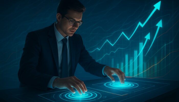 Trader adjusting holographic charts with upward arrows for an iterative market optimisation strategy