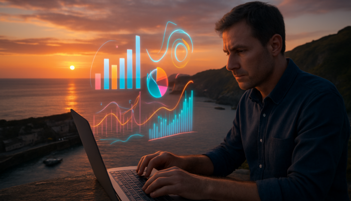 Ilfracombe entrepreneur analysing holographic traffic analytics charts on a laptop with a backdrop of Devon cliffs at sunset