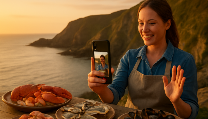 Ilfracombe business owner producing a TikTok video featuring coastal cliffs and seafood at sunset