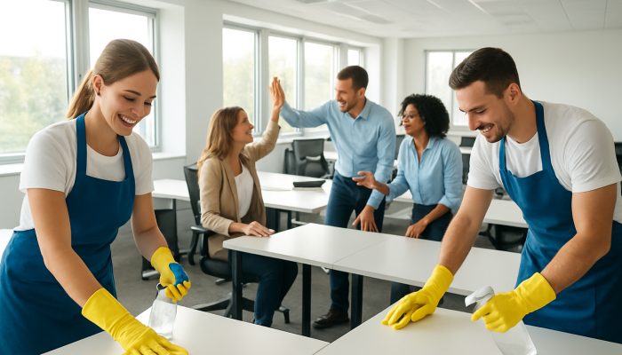 Professional cleaners sanitising a bright modern office as joyful employees collaborate energetically