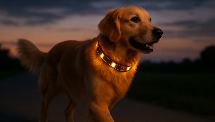 Golden retriever at dusk wearing an illuminated solar-powered LED collar with solar panels for visibility.