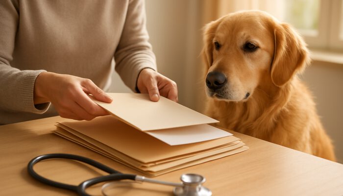 Owner organising golden retriever vaccination records on sunlit table with stethoscope nearby