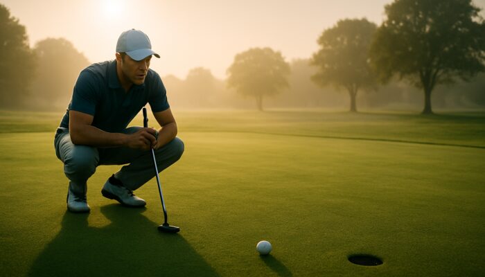 Concentrated golfer in polo shirt lining up putt on misty sunlit golf green