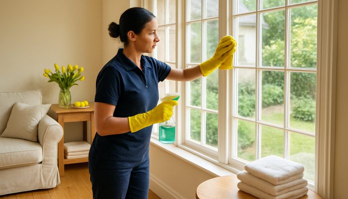 Professional cleaner polishing windows in sunlit Over Compton cottage with gleaming floors.