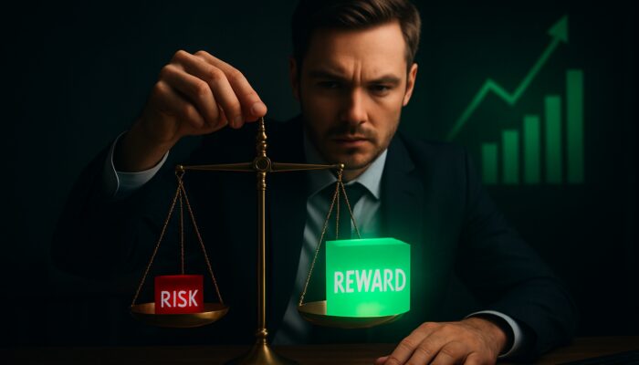 Trader weighing a red risk cube versus a green reward on a golden scale with 1:2 charts