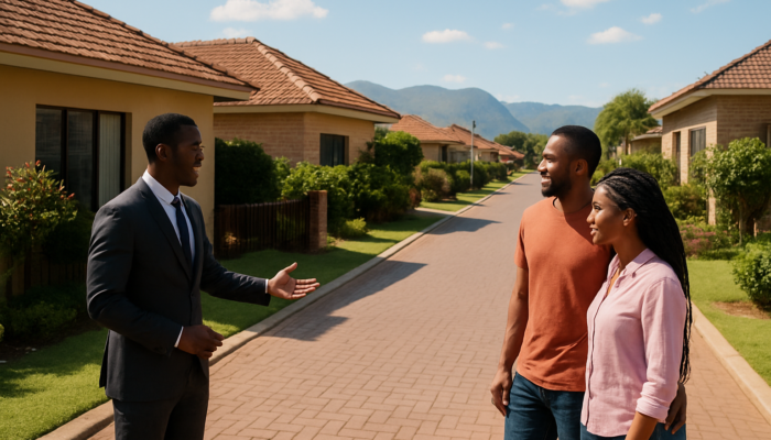 Couple exploring modern homes on a lively Thohoyandou street with a real estate agent under clear skies.