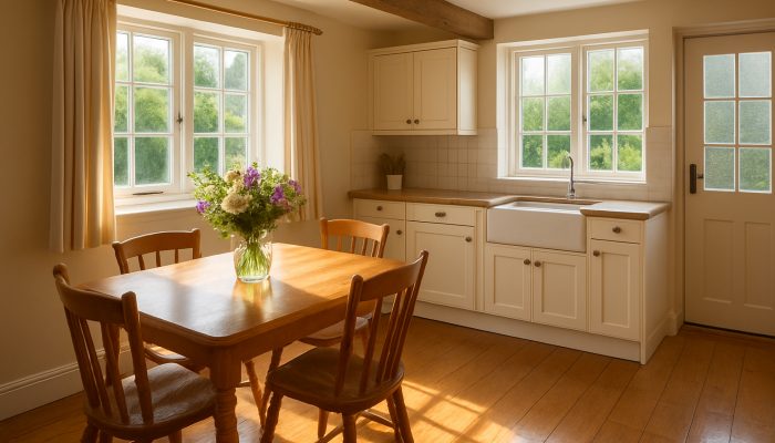 Shiny Yeovil cottage kitchen after professional cleaning, adorned with fresh flowers on the table