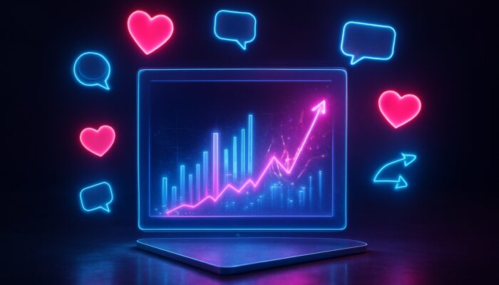 A futuristic dashboard with floating hearts, speech bubbles, and neon engagement charts for marketers.
