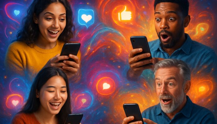 A vibrant montage of diverse individuals sharing captioned short videos on smartphones with social media icons.