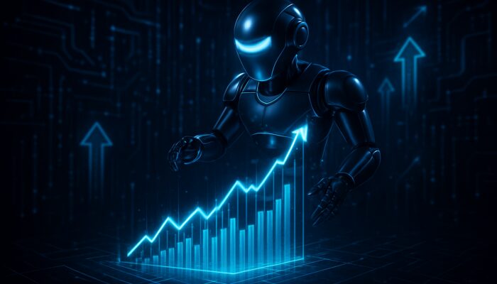 AI trading bot hovering above vibrant neon blue momentum charts within a cybernetic interface