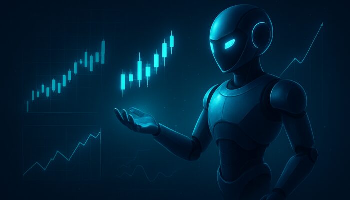 AI trading bot analysing holographic candlestick charts and backtest metrics for validating momentum strategies